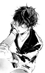 Rule 34 | 2boys, akechi gorou, amamiya ren, black hair, glasses, gloves, greyscale, hand on another&#039;s arm, hand on another&#039;s face, highres, looking at viewer, male focus, monochrome, multiple boys, noren (noren1512), open mouth, persona, persona 5, school uniform, shuujin academy school uniform, yaoi