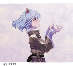 Rule 34 | 1girl, animal ears, border, brown coat, cat ears, coat, dated, floating hair, from side, grey hair, highres, hunter x hunter, letterboxed, long hair, long sleeves, neferpitou, open mouth, profile, red eyes, sleeves past wrists, solo, white border, yagisawa teru
