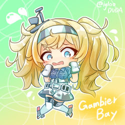 Rule 34 | 1girl, asimo953, belt, blonde hair, blue eyes, breast pocket, character name, chibi, flying sweatdrops, full body, gambier bay (kancolle), gloves, gradient background, hairband, highres, kantai collection, knees together feet apart, long hair, pocket, shorts, solo, twintails, twitter username, white gloves