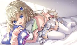 Rule 34 | 1girl, 9-nine-, amatsuji, bed, blue eyes, blush, bow, breasts, brown hair, buttons, collar, eyebrows hidden by hair, feet, fingernails, fringe trim, gear hair ornament, green collar, hair between eyes, happy, highres, hugging object, jacket, kujou miyako, large breasts, long hair, long legs, long sleeves, looking at viewer, lying, miniskirt, on bed, on side, open mouth, pillow, pillow hug, pink bow, pink jacket, plaid, plaid sailor collar, pleated skirt, sailor collar, school uniform, shirt, sidelocks, skirt, smile, solo, sparkle, sunlight, thighhighs, thighs, very long hair, wavy hair, white shirt, white thighhighs, wing hair ornament, zettai ryouiki
