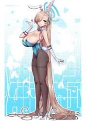 Rule 34 | 1girl, absurdly long hair, animal costume, animal ears, aqua bow, aqua bowtie, asuna (blue archive), blonde hair, blue archive, blue eyes, blue leotard, bow, bowtie, breasts, detached collar, fake animal ears, gloves, hair ribbon, halo, heart, highleg, highleg leotard, huge breasts, leotard, long hair, looking at viewer, pantyhose, playboy bunny, rabbit ears, rabbit tail, ribbon, smile, standing, strapless, strapless leotard, very long hair, virus-g