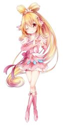 Rule 34 | 1girl, ;), aida mana, blonde hair, boots, bow, choker, crossed legs, cure heart, dokidoki! precure, dress, full body, hair ornament, half updo, heart, heart hair ornament, heart hands, highres, knee boots, kofa (ikyurima), long hair, magical girl, one eye closed, pink bow, pink eyes, pink footwear, ponytail, precure, shorts, shorts under dress, shorts under skirt, smile, solo, standing, watson cross, white background
