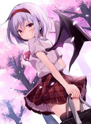 Rule 34 | 1girl, alternate costume, ascot, bag, bat wings, black thighhighs, blush, breasts, cherry blossoms, commentary request, contemporary, cowboy shot, dutch angle, from behind, hair between eyes, hairband, highres, holding, holding bag, hyurasan, light purple hair, looking at viewer, looking back, miniskirt, no headwear, outdoors, petals, petticoat, plaid, plaid skirt, pleated skirt, red ascot, red eyes, red hairband, red skirt, remilia scarlet, school bag, school uniform, shirt, short hair, short sleeves, sidelocks, skirt, small breasts, solo, standing, thighhighs, thighs, touhou, tree, unmoving pattern, white shirt, wings, zettai ryouiki