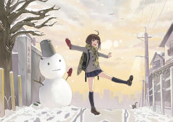 Rule 34 | 1girl, antenna hair, ataru (ataru squall), backpack, bag, balancing, bare tree, bird, brown eyes, brown hair, bucket, cat, cloud, female focus, footprints, full body, gloves, kneehighs, lamppost, loafers, miniskirt, mittens, nature, open mouth, original, outdoors, outstretched arms, paw print, plant, power lines, randoseru, red mittens, scarf, shoes, short hair, single glove, skirt, sky, snow, snowman, socks, solo, spread arms, standing, standing on one leg, tree, winter