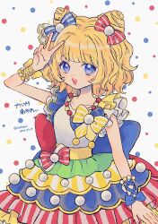 Rule 34 | 1girl, bead necklace, beads, blonde hair, blue eyes, blush, bow, bracelet, character name, cone hair bun, copyright name, dated, double bun, dress, frills, hair bow, hair bun, hair ornament, highres, jewelry, minami mirei, multicolored clothes, multicolored dress, narumame, necklace, open mouth, pretty series, pripara, short hair, skirt, smile, solo, twitter username, v