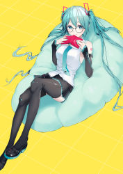 Rule 34 | 1girl, absurdres, black-framed eyewear, black footwear, black skirt, black sleeves, black thighhighs, blue eyes, blue hair, blue necktie, closed mouth, detached sleeves, dress shirt, feet out of frame, glasses, hair between eyes, hatsune miku, hatsune miku (vocaloid4), highres, holding, loafers, long hair, long sleeves, looking at viewer, lying, miniskirt, necktie, on back, pleated skirt, shirt, shoes, skirt, sleeveless, sleeveless shirt, smile, solo, ssu0601, thighhighs, twintails, very long hair, vocaloid, white shirt, yellow background, zettai ryouiki