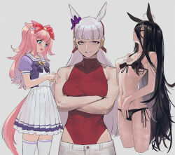 Rule 34 | 3girls, agnes digital (umamusume), ahoge, alternate costume, animal ears, bare shoulders, bikini, black bikini, black hair, blue eyes, blunt bangs, blush, bow, bowtie, breasts, closed eyes, commentary request, cowboy shot, cropped legs, crossed arms, ear bow, ears down, front-tie bikini top, front-tie top, gold ship (umamusume), grey background, grey hair, grin, hair between eyes, hair bow, hand on own chest, highleg, highres, horse ears, horse girl, horse tail, leotard, long hair, looking at viewer, manhattan cafe (umamusume), medium breasts, multicolored hair, multiple girls, navel, open mouth, own hands together, pants, pink hair, pleated skirt, puffy short sleeves, puffy sleeves, purple bow, purple shirt, red bow, red eyes, red leotard, sailor collar, sarcophage, school uniform, shirt, shirt hold, short sleeves, side-tie bikini bottom, simple background, skinny, skirt, small breasts, smile, streaked hair, swimsuit, tail, thighhighs, toned, tracen school uniform, two side up, umamusume, unfinished, v-shaped eyebrows, very long hair, white hair, white pants, white shirt, white skirt, white thighhighs