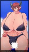 Rule 34 | 1girl, abs, animated, artist name, bare shoulders, bikini, bouncing breasts, bouncing bulge, breasts, brown eyes, bulge, camera, cleavage, closed mouth, cloud, futanari, gigantic breasts, hand on own hip, hataraki ari, horns, jiggle, looking at viewer, micro bikini, navel, ocean, original, outdoors, patreon username, pointy ears, recording, red hair, shimomo, short hair, sky, solo, standing, swimsuit, thick thighs, thighs, video, water, video, wet