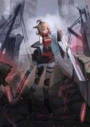 Rule 34 | 1girl, absurdres, animal ears, arknights, arm at side, arm up, bare legs, bare shoulders, belt pouch, bird ears, bird girl, black footwear, black jacket, black skirt, breasts, brown scrunchie, building, city, closed mouth, collared shirt, commentary, contrapposto, cutter (arknights), debris, dual wielding, frown, full body, glowing, glowing sword, glowing weapon, grey background, grey footwear, hair ornament, hair scrunchie, hairclip, high tops, highres, holding, holding sword, holding weapon, jacket, jewelry, knee pads, looking at viewer, medium breasts, medium hair, miniskirt, natsuba002, necklace, off shoulder, open clothes, open jacket, outdoors, pouch, power lines, red eyes, red shirt, rubble, scrunchie, serious, shirt, shoes, skirt, sleeveless, sleeveless shirt, smoke, sneakers, solo, standing, sword, thigh strap, topknot, tree, tube socks, utility pole, weapon