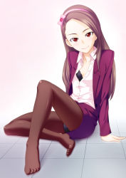 Rule 34 | 10s, 1girl, bad id, bad pixiv id, black bra, black panties, black pantyhose, bow, bra, brown hair, business suit, collarbone, colorized, feet, forehead, formal, full body, hair bow, hairband, highres, idolmaster, idolmaster (classic), idolmaster 2, jacket, legs, lingerie, long hair, looking at viewer, minase iori, no shoes, on floor, open clothes, open shirt, panties, panties under pantyhose, pantyhose, pantyshot, shirt, sitting, skirt, skirt suit, smile, solo, suit, tile floor, tiles, tkhs, toes, totokichi, unbuttoned, underwear, upskirt