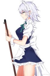 Rule 34 | 1girl, apron, blue dress, blue eyes, bow, braid, breasts, commentary request, cowboy shot, dress, frilled apron, frills, from side, green bow, green ribbon, hair between eyes, hair bow, highres, holding, izayoi sakuya, large breasts, looking at viewer, maid, maid apron, maid headdress, neck ribbon, petticoat, profile, puffy short sleeves, puffy sleeves, ribbon, shiny skin, shirt, short dress, short hair, short sleeves, silver hair, simple background, solo, standing, thighs, touhou, waist apron, watarase piro, white apron, white background, white shirt