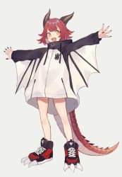 Rule 34 | 1girl, commentary request, dragon tail, drawstring, fingernails, full body, hood, hoodie, horns, long fingernails, open mouth, original, red hair, short hair, shugao, simple background, solo, tail, teeth, very long fingernails, yellow eyes