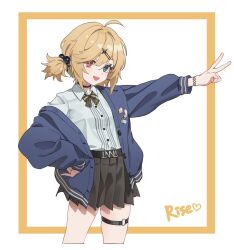 Rule 34 | 1girl, ahoge, black skirt, blonde hair, blue eyes, blue sweater, border, cardigan, character name, choker, collared shirt, cowboy shot, girls&#039; frontline, girls&#039; frontline neural cloud, hair bobbles, hair ornament, hairclip, hand on own hip, heterochromia, highres, long sleeves, looking at viewer, medium hair, mg36 (girls&#039; frontline), off shoulder, official alternate costume, open cardigan, open clothes, open mouth, pleated skirt, red eyes, rise (holidays tomorrow!) (neural cloud), rise (neural cloud), school uniform, shirt, simple background, skirt, smile, solo, sweater, thigh strap, v, white background, white shirt, yellow border, zzzearly