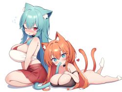 Rule 34 | 2girls, animal ear fluff, animal ears, aqua hair, blue eyes, breasts, cat ears, cat girl, cat tail, cleavage, commentary, english commentary, hair between eyes, huge breasts, kaptivate, large breasts, looking at viewer, lying, multiple girls, multiple tails, on stomach, one eye closed, original, red eyes, red skirt, simple background, skirt, sucking another&#039;s tail, tail, white background