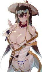 Rule 34 | 1girl, absurdres, bare shoulders, bead necklace, beads, bikini, bikini top only, black hair, blush, breasts, bridal gauntlets, cleavage, earrings, fate/grand order, fate (series), greatmosu, hair between eyes, highres, hoop earrings, jewelry, large breasts, long hair, looking at viewer, necklace, prayer beads, red eyes, robe, smile, swimsuit, thighhighs, underboob, white bikini, xuangzang sanzang (fate)