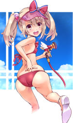 Rule 34 | 1girl, :d, ass, bare arms, bare shoulders, bikini, blonde hair, bow, breasts, cloud, covered erect nipples, fate/grand order, fate (series), fingernails, from behind, hair between eyes, hair bobbles, hair ornament, halterneck, highres, hose, illyasviel von einzbern, illyasviel von einzbern (swimsuit archer), illyasviel von einzbern (swimsuit archer) (second ascension), leg up, looking at viewer, looking back, medium hair, multicolored eyes, nail polish, open mouth, pink bikini, pink nails, round teeth, shoes, skindentation, small breasts, smile, solo, string bikini, suzuki24, swimsuit, teeth, twintails, visor cap, white footwear