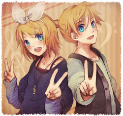 Rule 34 | 1boy, 1girl, bad id, bad pixiv id, blonde hair, blue eyes, brother and sister, casual, chizu (fiute), fiute, hair ornament, hair ribbon, hairclip, highres, jewelry, kagamine len, kagamine rin, nail polish, necklace, open mouth, ribbon, short hair, siblings, smile, twins, v, vocaloid