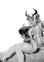 Rule 34 | 1girl, absurdres, ass, bare legs, black one-piece swimsuit, body markings, bouncing breasts, breasts, closed eyes, curvy, dark-skinned female, dark skin, fate/grand order, fate (series), greyscale, happy, highleg, highleg swimsuit, highres, horns, ibuki douji (fate), ibuki douji (swimsuit berserker) (first ascension) (fate), large breasts, long hair, monochrome, multiple horns, one-piece swimsuit, oni horns, pointy ears, ponytail, scan, simple background, smile, solo, swimsuit, tabigarasu (mahjong yuugen gaisha 58), two-tone swimsuit, very long hair, wide hips