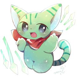 Rule 34 | animal ears, cat, cat ears, cat tail, chibi, fur, furry, green fur, highres, open mouth, original, red scarf, scarf, striped tail, tail, zorao