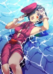 Rule 34 | armband, armpits, atlus, belt, blue hair, breasts, chanchan030, cleavage, curly hair, face paint, fairy, gloves, hair over one eye, hat, lying, navel, nurse, on back, open clothes, persona, persona 2, pointy ears, purple eyes, short hair, sideboob, skirt, smile, stethoscope, syringe, thighs, trish (persona), water, wings