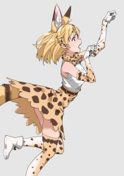 Rule 34 | 1girl, absurdres, animal ear fluff, animal ears, bare shoulders, blonde hair, boots, bow, bowtie, brown eyes, commentary, elbow gloves, extra ears, from side, gloves, grey background, high-waist skirt, highres, kemono friends, looking away, medium hair, open mouth, print bow, print bowtie, print gloves, print skirt, print thighhighs, profile, serval (kemono friends), serval print, shirt, simple background, skirt, sleeveless, sleeveless shirt, solo, tail, tanabe (fueisei), teeth, thighhighs, white footwear