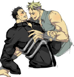 Rule 34 | 2boys, bara, black hair, blonde hair, blush, chiseled face, colored tips, couple, cropped torso, dorohedoro, facial hair, facial mark, from side, highres, kai (dorohedoro), leaning back, male focus, medium sideburns, multicolored hair, multiple boys, muscular, muscular male, no eyebrows, risu (dorohedoro), seductive smile, sideburns stubble, smile, spiked hair, stubble, sweatdrop, thick eyebrows, ting ting, undercut, yaoi