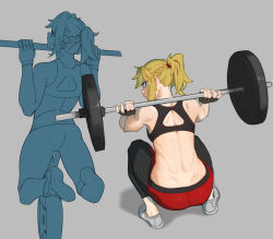 Rule 34 | 1girl, alternate costume, black sports bra, blonde hair, braid, commentary, english commentary, exercising, fate/apocrypha, fate/grand order, fate (series), french braid, grey background, hong doo, horizontal bar, long hair, looking at viewer, mordred (fate), mordred (fate/apocrypha), multiple views, shoes, sneakers, sports bra, squatting, weightlifting