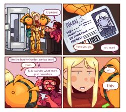 Rule 34 | 4koma, blonde hair, blue eyes, blunt bangs, blush stickers, brown hair, character request, colored skin, comic, commentary, english commentary, english text, extra arms, extra eyes, highres, hoshizora lone, id card, long hair, metroid, nintendo, ponytail, power suit (metroid), red skin, samus aran
