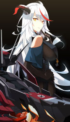 Rule 34 | 1girl, absurdres, aegir (azur lane), azur lane, bare shoulders, black background, black cape, black gloves, bodystocking, breast curtains, breasts, cape, capelet, cross, demon horns, elbow gloves, from side, gloves, highres, horns, iron cross, large breasts, long hair, looking to the side, multicolored hair, red hair, reiji001, rigging, simple background, solo, streaked hair, two-tone hair, very long hair, white hair, yellow eyes