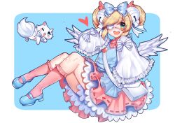 Rule 34 | 1girl, :d, bell, blonde hair, blue background, blue bow, blue eyes, blue footwear, blue vest, blush, bow, cat, collared shirt, commentary, cutesu (cutesuu), double bun, english commentary, eyepatch, frilled bow, frilled skirt, frills, hair bell, hair bow, hair bun, hair ornament, heart, jingle bell, long sleeves, looking at viewer, medical eyepatch, open mouth, original, osiimi, pink shirt, pink skirt, pink socks, round teeth, shirt, shoes, simple background, sitting, skirt, sleeves past fingers, sleeves past wrists, smile, socks, solo, teeth, vest, white wings, wide sleeves, wing collar, wings