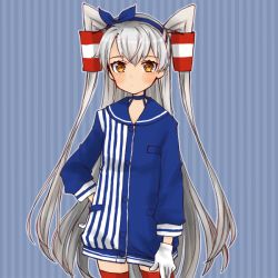 Rule 34 | 1girl, adapted costume, amatsukaze (kancolle), blue dress, blue sailor collar, cocoperino, cowboy shot, dress, gloves, hair tubes, kantai collection, lawson, long hair, red thighhighs, sailor collar, sailor dress, short dress, silver hair, single glove, smokestack hair ornament, solo, striped background, striped clothes, striped dress, thighhighs, two side up, white gloves