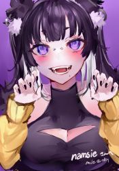 Rule 34 | 1girl, :d, animal ears, bare shoulders, bell piercing, black nails, blush, breasts, bridge piercing, claw pose, cleavage cutout, clothing cutout, commission, copyright request, fangs, fingernails, indie virtual youtuber, jacket, large breasts, long hair, long sleeves, looking at viewer, mile (off8mile), multicolored hair, nail polish, open mouth, purple background, purple eyes, purple hair, skeb commission, smile, solo, triangle cutout, twintails, two-tone hair, upper body, virtual youtuber, white hair, yellow jacket