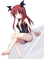 Rule 34 | 1girl, barefoot, bat wings, cleavage cutout, clothing cutout, front zipper swimsuit, glass, head wings, ichidai taisa, koakuma, long hair, looking at viewer, meme attire, one-piece swimsuit, red eyes, red hair, sitting, sketch, smile, solo, swimsuit, touhou, wings