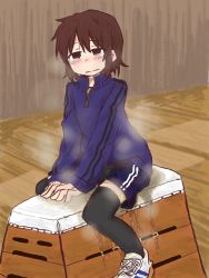 Rule 34 | 1girl, black thighhighs, blue shorts, blue sweater, blush, brown eyes, brown hair, brown shirt, crying, embarrassed, female focus, flat chest, gym, gym uniform, half-closed eyes, highres, indoors, long sleeves, matching hair/eyes, nose blush, original, own hands together, parted lips, peeing, peeing self, ponnu (tnpn2yw), shirt, shoes, short hair, short shorts, shorts, sitting, solo, spread legs, steam, sweater, tears, teeth, thighhighs, v arms, wavy mouth, wet, wet clothes, white footwear, wooden horse, zipper pull tab