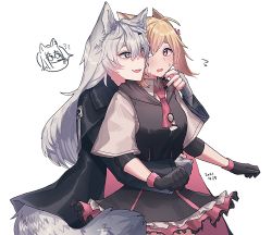 Rule 34 | 2girls, ?, ??, animal ears, arknights, black dress, black gloves, black jacket, black nails, blonde hair, commentary request, dated, dress, fang, fingerless gloves, gloves, grey eyes, grey gloves, hair between eyes, highres, hug, hug from behind, jacket, kawaii inu5, lappland (arknights), layered sleeves, long hair, long sleeves, looking at another, multiple girls, nail polish, necktie, open mouth, petticoat, pink eyes, pink neckwear, scar, scar across eye, scar on face, short over long sleeves, short sleeves, silver hair, simple background, skin fang, sora (arknights), spoken character, sweat, tail, texas (arknights), white background, wolf ears, wolf tail, yuri