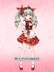 Rule 34 | 1girl, anchovy (girls und panzer), apron, back bow, black shirt, bow, candy, character name, closed mouth, commentary request, drill hair, earrings, food, food print, frilled apron, frilled cuffs, frilled hairband, frilled shirt collar, frilled skirt, frilled sleeves, frills, full body, girls und panzer, girls und panzer senshadou daisakusen!, green hair, hair ribbon, hairband, hand on own hip, holding, holding candy, holding food, holding lollipop, jewelry, licking, lollipop, long hair, looking at viewer, miniskirt, official alternate costume, official art, pleated skirt, puffy short sleeves, puffy sleeves, red bow, red eyes, red footwear, red hairband, red ribbon, red skirt, ribbon, shirt, shoes, short sleeves, skirt, smile, socks, solo, standing, star (symbol), translated, twin drills, twintails, valentine, waist apron, watermark, white apron, white bow, white socks, wrist cuffs
