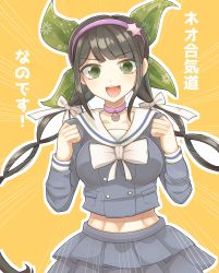 Rule 34 | 1girl, :d, absurdres, black hair, bow, bowtie, buttons, chabashira tenko, choker, clenched hands, danganronpa (series), danganronpa v3: killing harmony, double-breasted, green eyes, hair ribbon, hairband, hands up, highres, layered skirt, long hair, midriff, mole, mole under mouth, navel, open mouth, orange background, outline, pink choker, pink hairband, raimone (nekokirinv3), ribbon, school uniform, serafuku, skirt, smile, solo, teeth, translation request, twintails, upper teeth only, white bow, white bowtie, white outline, white ribbon