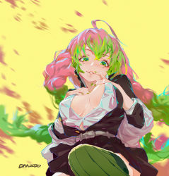 Rule 34 | 1girl, ahoge, artist name, belt, belt buckle, black jacket, black skirt, blush, braid, breasts, buckle, commentary request, dm (dai miao), finger to mouth, from below, gradient hair, green eyes, green hair, green nails, green thighhighs, hand on own chest, highres, jacket, kanroji mitsuri, kimetsu no yaiba, large breasts, long hair, long sleeves, looking at viewer, looking down, miniskirt, mole, mole under eye, motion blur, multicolored hair, nail polish, no bra, open clothes, open jacket, open shirt, parted lips, pink hair, pleated skirt, shirt, simple background, skirt, smile, solo, striped clothes, striped thighhighs, thighhighs, twin braids, two-tone hair, vertical-striped clothes, vertical-striped thighhighs, very long hair, white shirt, yellow background