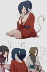 Rule 34 | 1boy, 2girls, ahoge, animal ears, aquaplus, black hair, blush, braid, breasts, brown eyes, brown hair, cat tail, closed eyes, closed mouth, cup, from behind, hair ornament, hair up, haku (utawarerumono), hand on ground, highres, holding, holding cup, japanese clothes, kimono, kuon (utawarerumono), looking at another, looking to the side, medium breasts, multiple girls, open clothes, open kimono, open mouth, red eyes, red kimono, rulutieh, sitting, tail, thighs, utawarerumono, utawarerumono: itsuwari no kamen, white tail, yo (artist)
