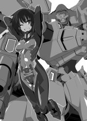 Rule 34 | 1girl, ahoge, antenna hair, armor, arms behind head, arms up, bad id, bad pixiv id, bodysuit, breasts, covered erect nipples, covered navel, dark skin, greyscale, looking at viewer, mecha, monochrome, muv-luv, muv-luv alternative, muv-luv total eclipse, one eye closed, pilot suit, robot, short hair, skin tight, small breasts, smile, tarisa manandal, to-gnaniwa, weapon, white background
