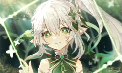 Rule 34 | 1girl, @lm, armlet, bare shoulders, blurry, blush, braid, closed mouth, commentary request, cross-shaped pupils, day, depth of field, floating hair, genshin impact, gradient hair, green eyes, green hair, grey hair, hair between eyes, hair ornament, hand up, head tilt, highres, leaf hair ornament, light rays, long hair, looking at viewer, multicolored hair, nahida (genshin impact), outdoors, pointy ears, side braid, side ponytail, sidelocks, sleeveless, smile, solo, symbol-shaped pupils, twitter username