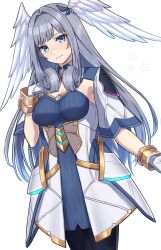 Rule 34 | 1girl, black pantyhose, blue dress, blue eyes, breasts, cowboy shot, detached sleeves, dress, feathered wings, flower, gloves, gold trim, grey hair, hand on own chest, head wings, highres, layered dress, light smile, long hair, medium breasts, melia antiqua, pantyhose, ribbed dress, shinae, two-tone dress, white dress, white gloves, wings, xenoblade chronicles (series), xenoblade chronicles 3