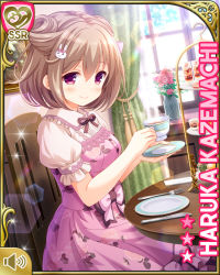 Rule 34 | 1girl, blush, bow, brown hair, rabbit hair ornament, card (medium), chair, character name, closed mouth, cup, dress, girlfriend (kari), hair ornament, hairclip, indoors, instrument, kazemachi haruka, looking at viewer, mansion, official art, pink bow, purple dress, qp:flapper, red eyes, short hair, short sleeves, sitting, smile, solo, table, tagme, tea kettle, teacup