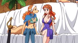 Rule 34 | 2girls, alternate costume, animated, animated gif, curvy, furry, happy, hug, licking, multiple girls, nami (one piece), nami (one piece) (zou), official alternate costume, one piece, screencap, sitting, smile, wanda (one piece), wide hips