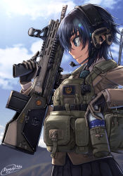 Rule 34 | 1girl, assault rifle, bad id, bad pixiv id, battle rifle, black skirt, blue eyes, blue hair, blue sky, bottle, brown gloves, brown jacket, bullpup, buttons, closed mouth, cloud, cloudy sky, dated, day, dreadtie, dress shirt, ear protection, from side, gloves, gun, headset, highres, holding, holding bottle, holding gun, holding weapon, jacket, load bearing vest, long sleeves, m14, necktie, original, outdoors, plaid, plaid necktie, plaid neckwear, plaid skirt, profile, rifle, school uniform, shirt, short hair, signature, skirt, sky, smile, solo, trigger discipline, upper body, water bottle, weapon