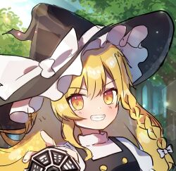 Rule 34 | 1girl, black hat, black vest, blonde hair, bow, braid, day, frilled hat, frills, grin, hat, hat bow, highres, kirisame marisa, long hair, looking at viewer, mini-hakkero, nene man, outdoors, puffy short sleeves, puffy sleeves, shirt, short sleeves, side braid, smile, solo, touhou, turtleneck, upper body, v-shaped eyebrows, very long hair, vest, white bow, white shirt, yellow eyes