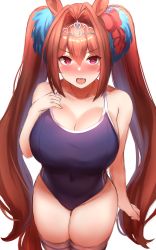 Rule 34 | 1girl, animal ears, bare shoulders, blue one-piece swimsuit, blush, breasts, brown hair, cleavage, collarbone, daiwa scarlet (umamusume), hair intakes, highleg, highleg swimsuit, highres, horse ears, horse girl, john zhang, large breasts, long hair, looking at viewer, one-piece swimsuit, open mouth, red eyes, school swimsuit, solo, swimsuit, thighs, tiara, twintails, umamusume, very long hair