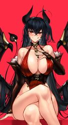 Rule 34 | 1girl, :q, absurdres, ahoge, alternate costume, azur lane, bare shoulders, black hair, blush, breasts, casul, chain, cleavage, collar, collarbone, commentary, crossed bangs, crossed legs, demon girl, demon horns, demon wings, dress, english commentary, hair between eyes, highres, horns, large breasts, long hair, looking at viewer, one side up, red background, red dress, red eyes, sidelocks, sitting, smile, solo, taihou (azur lane), tongue, tongue out, wings