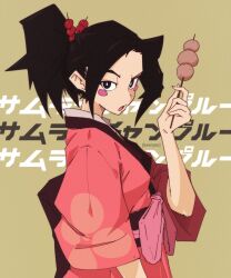 Rule 34 | 1girl, artist name, black eyes, black hair, blush stickers, bright pupils, dango, food, from side, fuu (samurai champloo), hair ornament, hair stick, hand up, highres, holding, holding skewer, japanese clothes, kevnyan, kimono, obi, open mouth, pink kimono, ponytail, raised eyebrow, samurai champloo, sash, short sleeves, skewer, solo, text background, upper body, wagashi, white pupils
