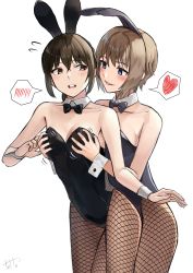 Rule 34 | 2girls, absurdres, animal ears, artist name, bare shoulders, black bow, black bowtie, black leotard, blue eyes, bow, bowtie, grabbing another&#039;s breast, brown hair, collarbone, commentary, cowboy shot, detached collar, eye contact, fake animal ears, female focus, fishnet pantyhose, fishnets, flying sweatdrops, front to back, grabbing, grabbing from behind, groping, hair between eyes, heart, heart-shaped pupils, highres, leg between thighs, leotard, long hair, looking at another, looking back, motion lines, multiple girls, nail polish, open mouth, original, pantyhose, parted lips, playboy bunny, ponytail, rabbit ears, short hair, sidelocks, signature, simple background, smile, spoken blush, spoken heart, symbol-shaped pupils, teeth, tetto (onnoveltet), upper teeth only, white background, wrist cuffs, yellow eyes, yuri